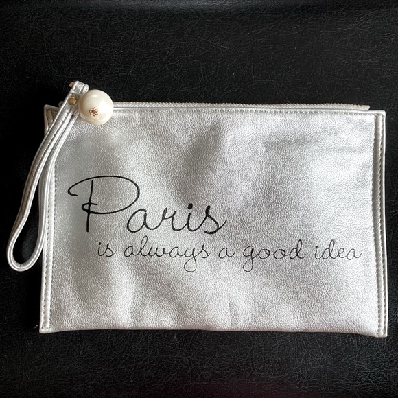 Deux Lux Silver Tone Faux Leather Paris Themed Large Wristlet Wallet Clutch - Picture 3 of 16